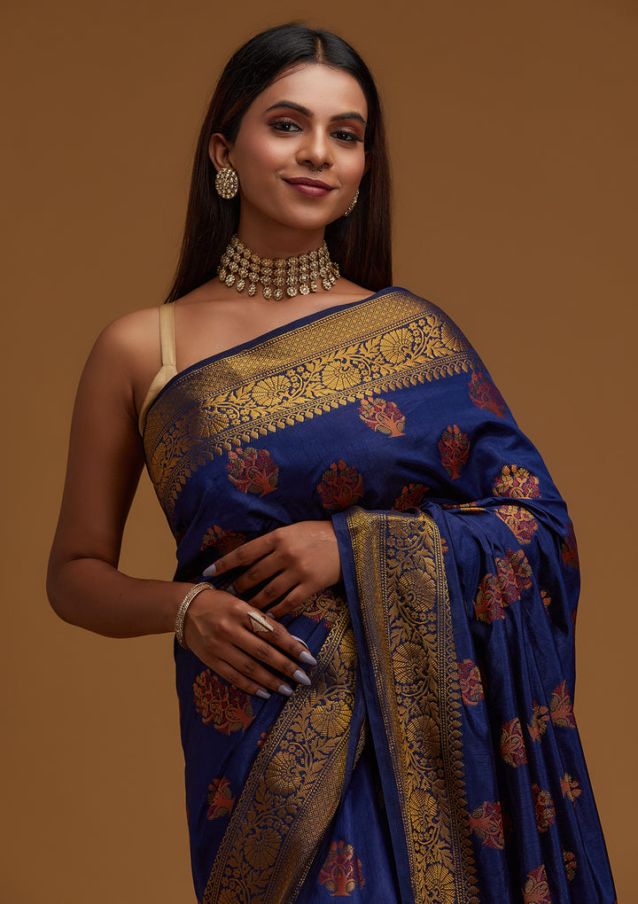 Navy Blue Zariwork Raw Silk Designer Saree - Koskii