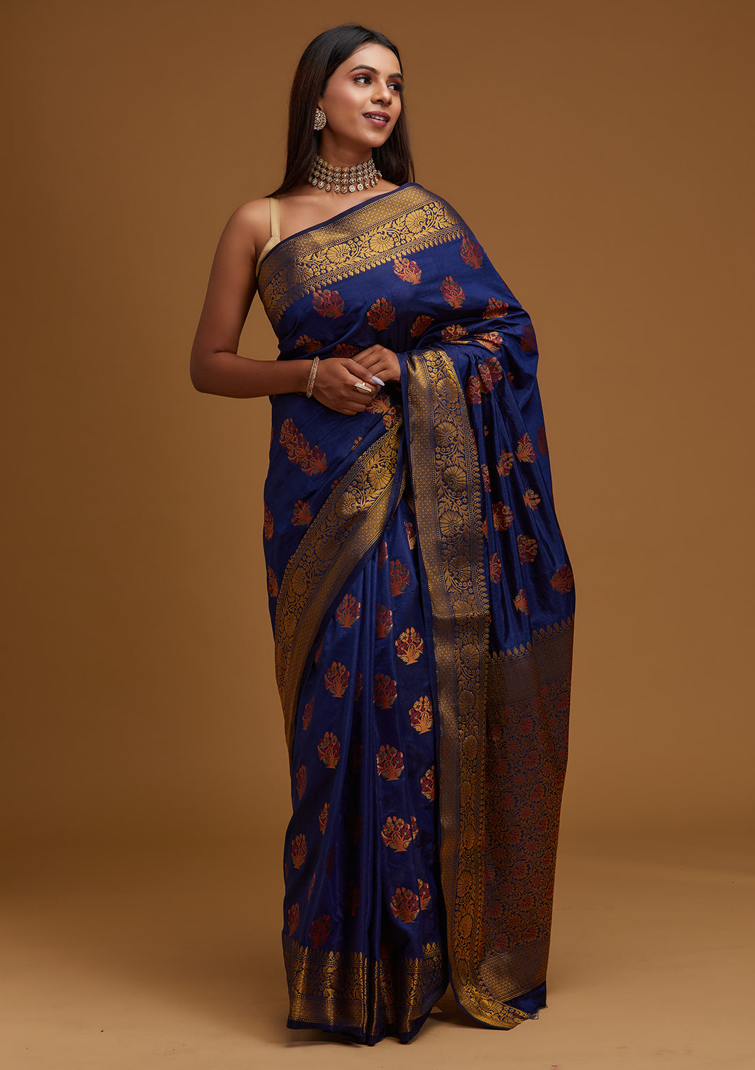 Navy Blue Zariwork Raw Silk Designer Saree - Koskii