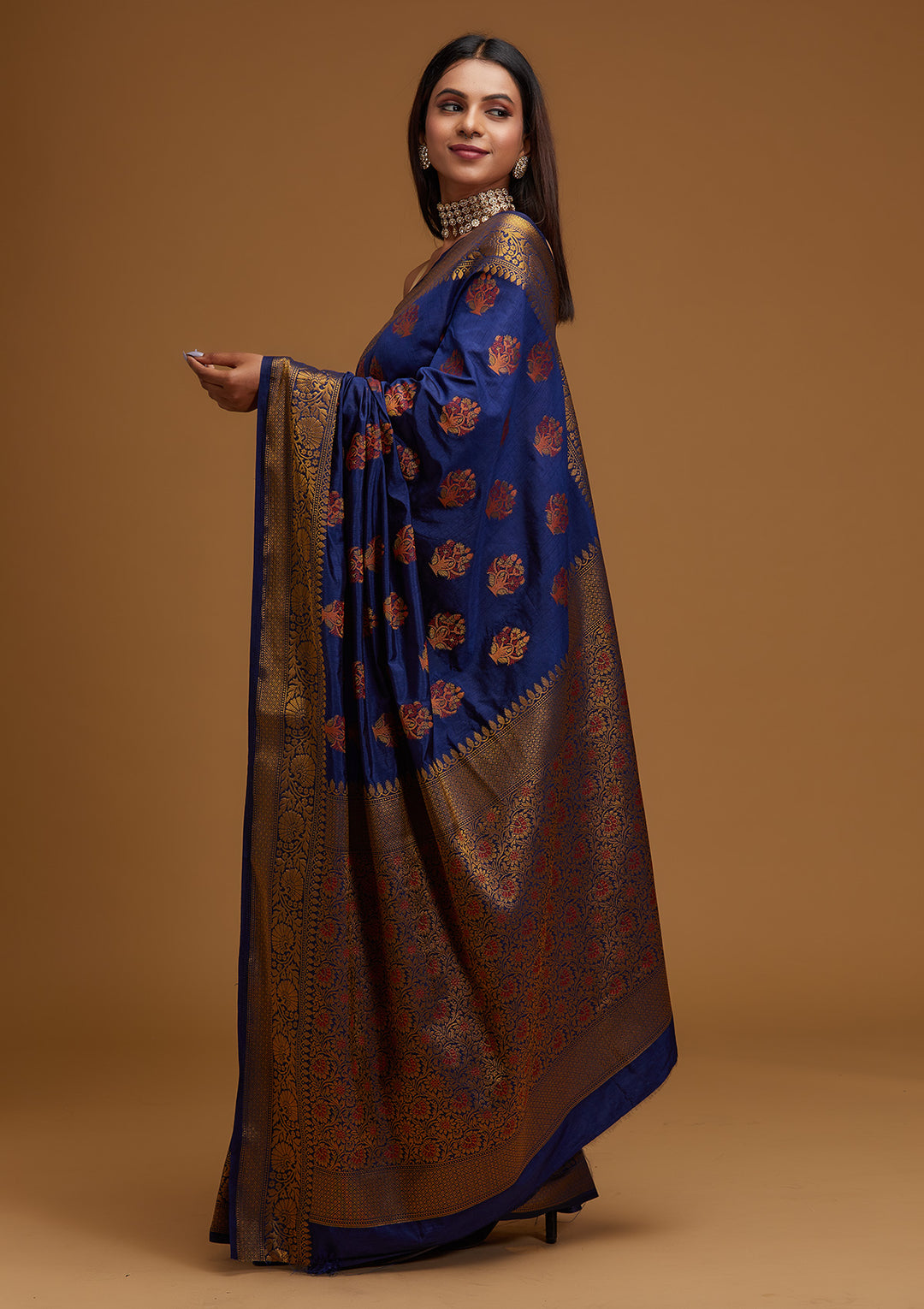Navy Blue Zariwork Raw Silk Designer Saree - Koskii