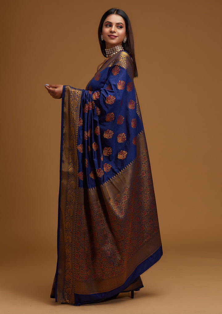 Navy Blue Zariwork Raw Silk Designer Saree - Koskii