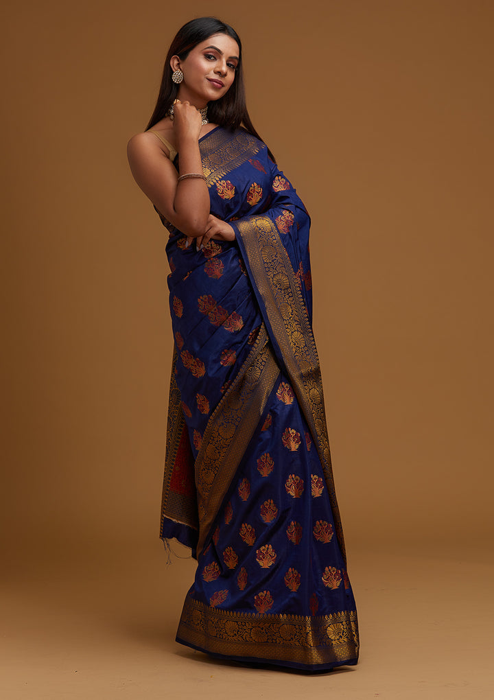 Navy Blue Zariwork Raw Silk Designer Saree - Koskii