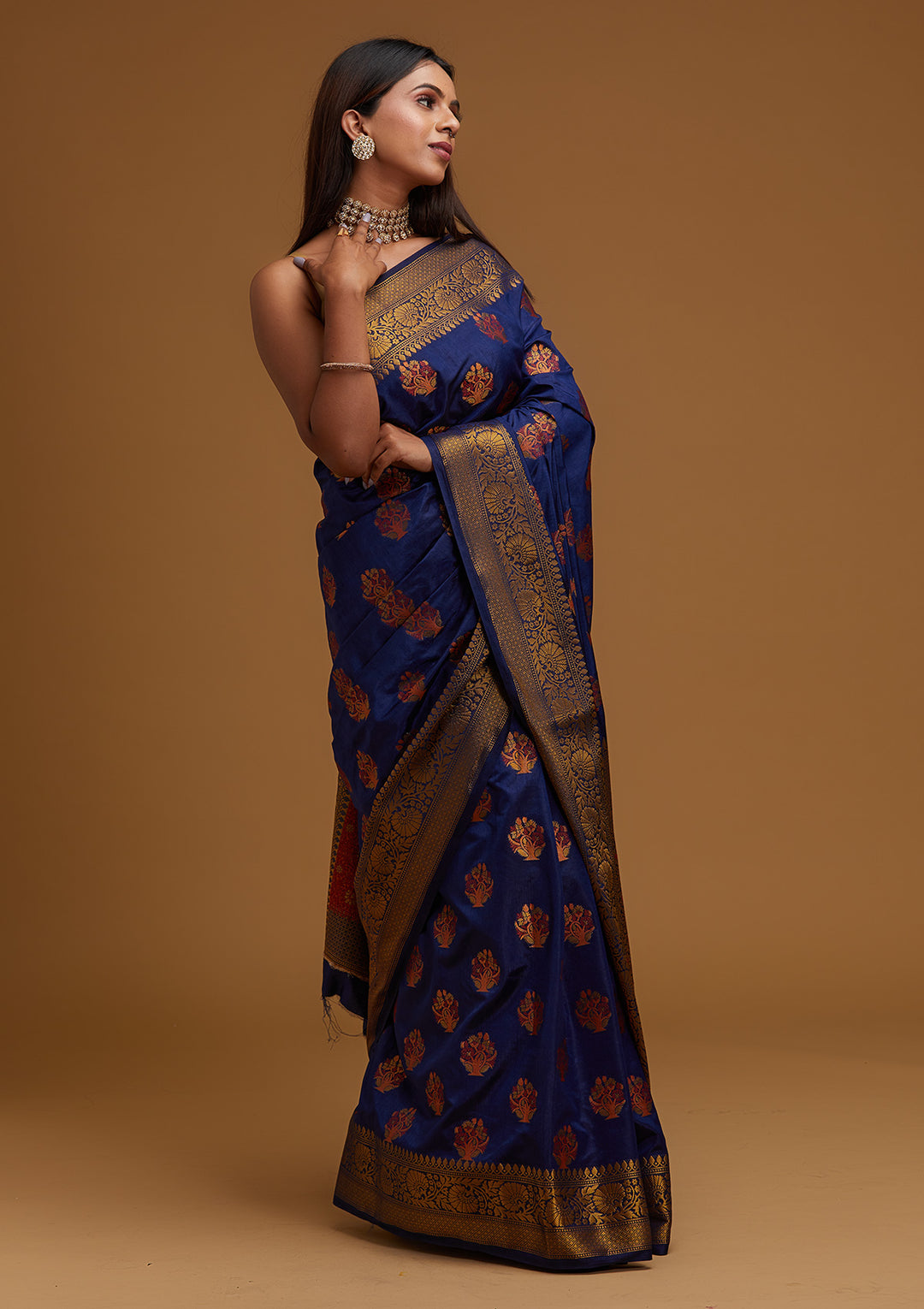 Navy Blue Zariwork Raw Silk Designer Saree - Koskii