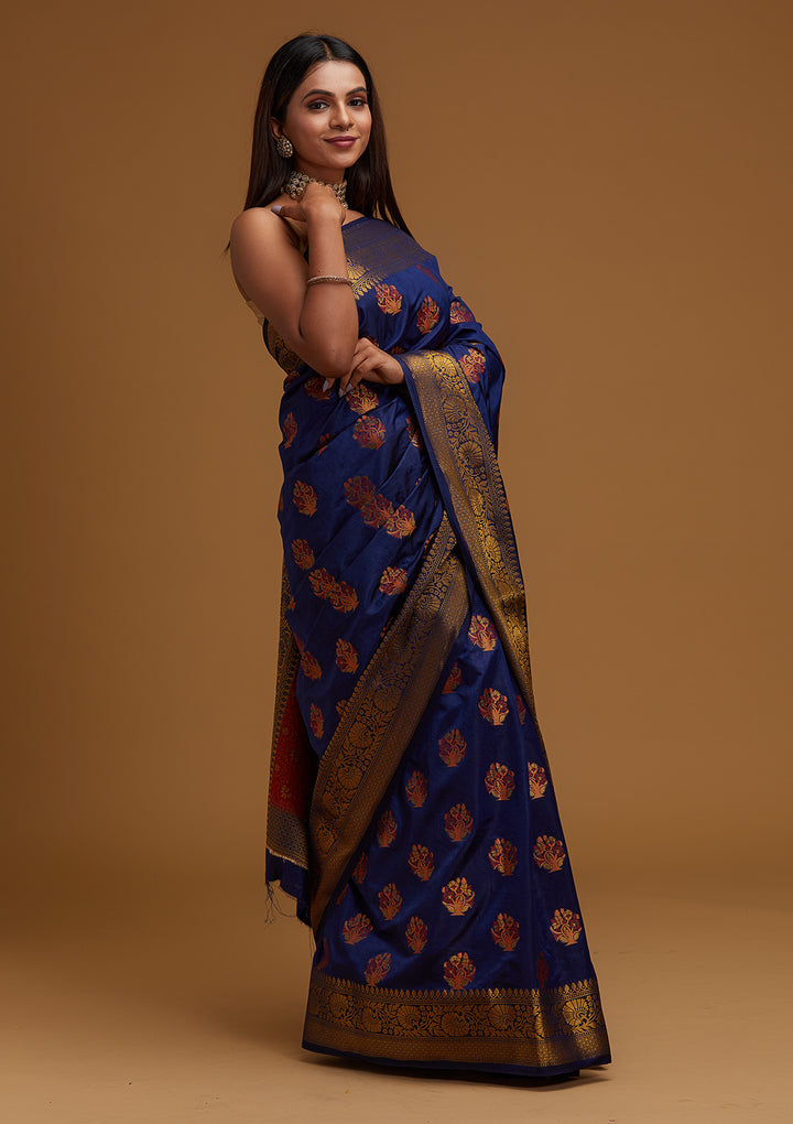 Navy Blue Zariwork Raw Silk Designer Saree - Koskii