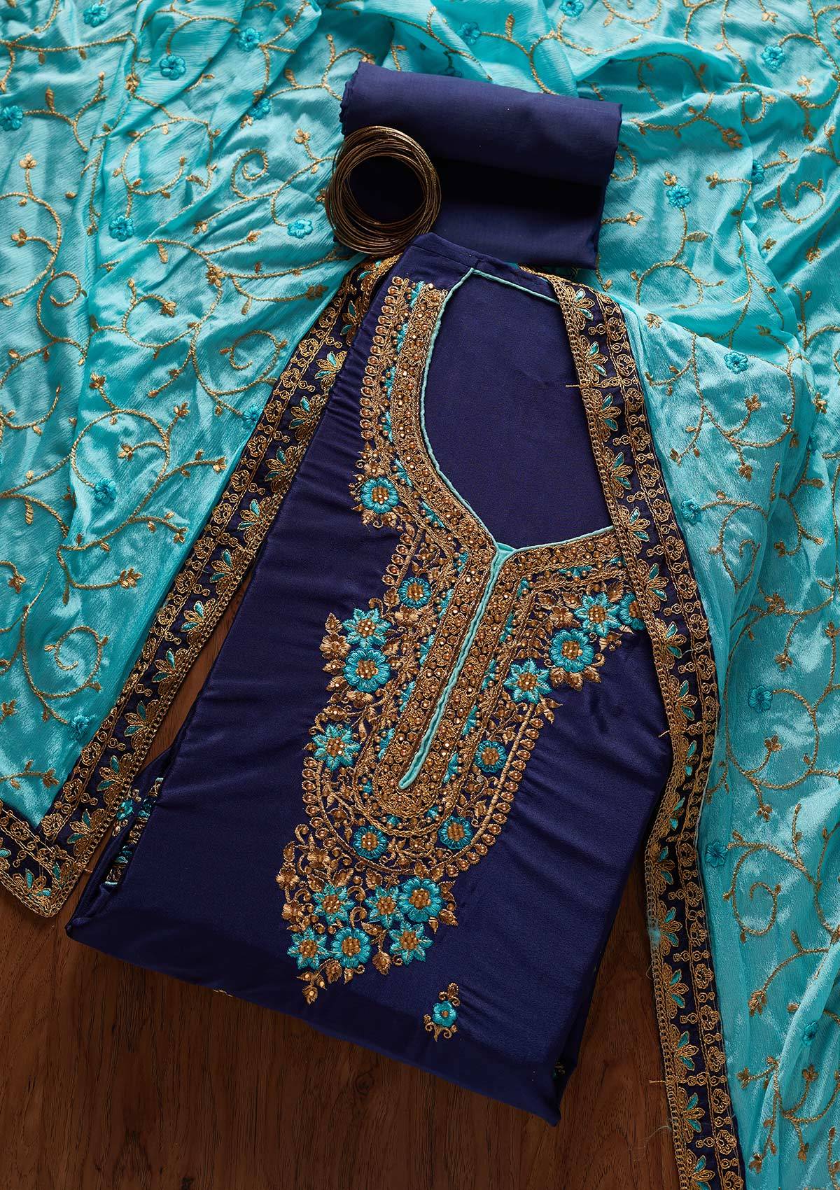 Navy Blue Zariwork Semi Crepe Designer Semi-Stitched Salwar Suit - koskii