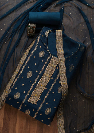 Navy Blue Zariwork Semi Crepe Semi-Stitched Salwar Suit-Koskii