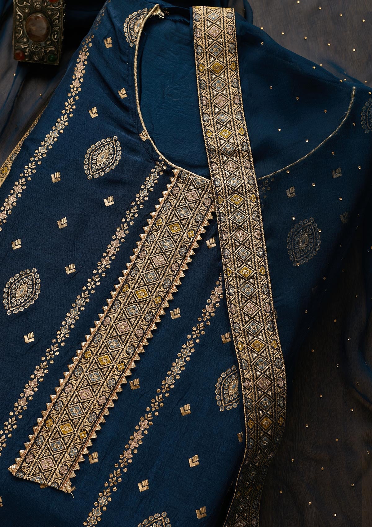 Navy Blue Zariwork Semi Crepe Semi-Stitched Salwar Suit-Koskii