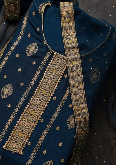 Navy Blue Zariwork Semi Crepe Semi-Stitched Salwar Suit-Koskii