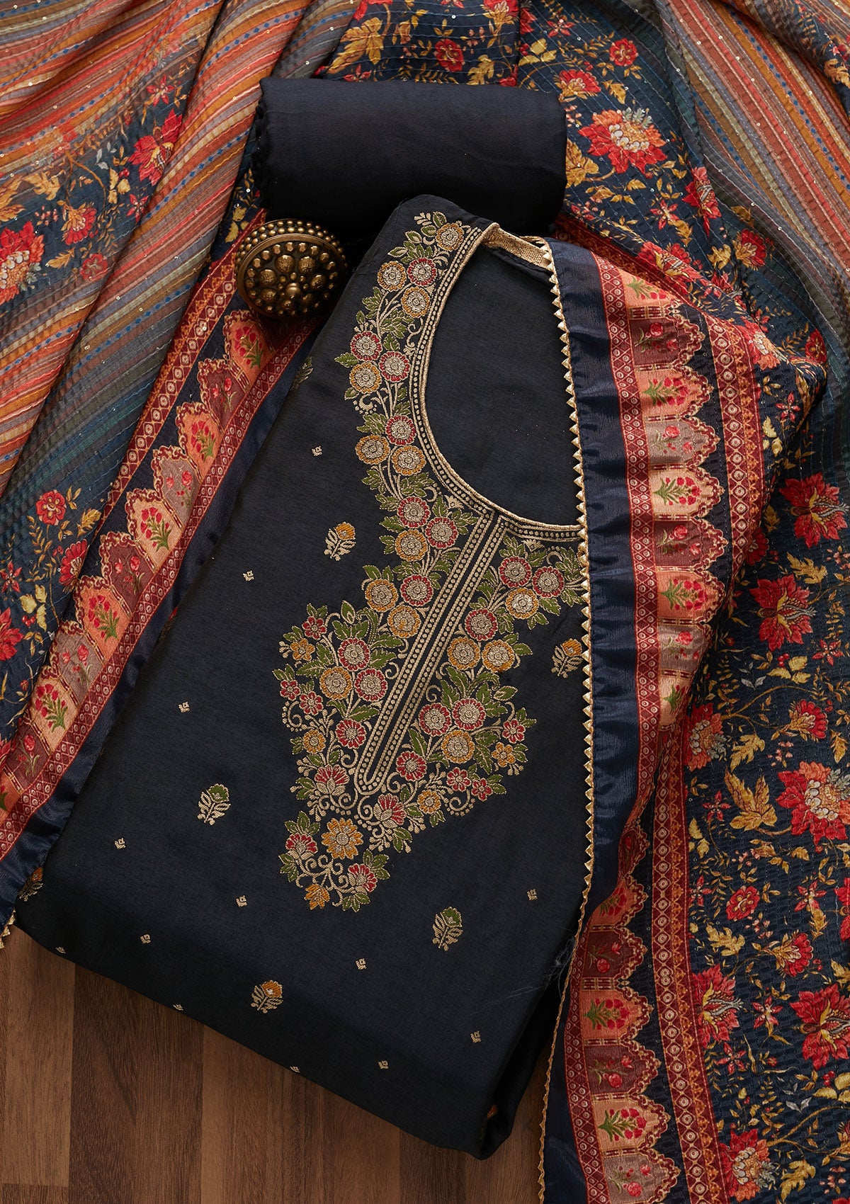 Navy Blue Zariwork Semi Crepe Unstitched Salwar Suit-Koskii