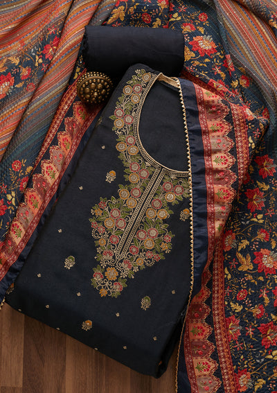 Navy Blue Zariwork Semi Crepe Unstitched Salwar Suit-Koskii