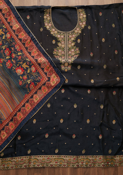 Navy Blue Zariwork Semi Crepe Unstitched Salwar Suit-Koskii