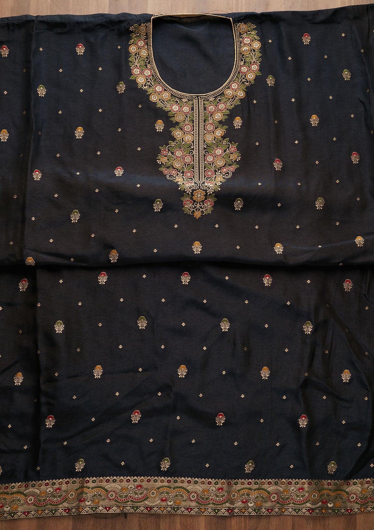 Navy Blue Zariwork Semi Crepe Unstitched Salwar Suit-Koskii