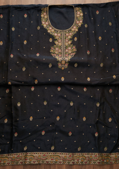 Navy Blue Zariwork Semi Crepe Unstitched Salwar Suit-Koskii