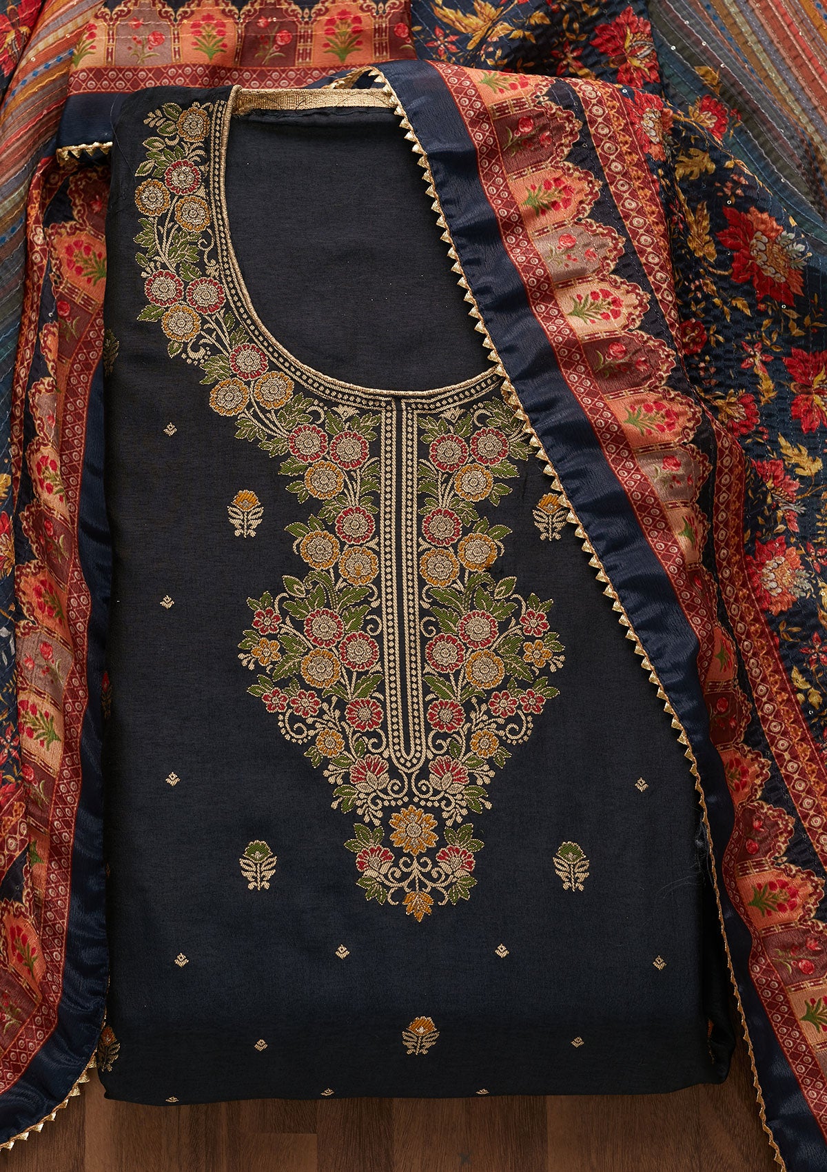Navy Blue Zariwork Semi Crepe Unstitched Salwar Suit-Koskii