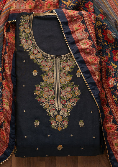 Navy Blue Zariwork Semi Crepe Unstitched Salwar Suit-Koskii