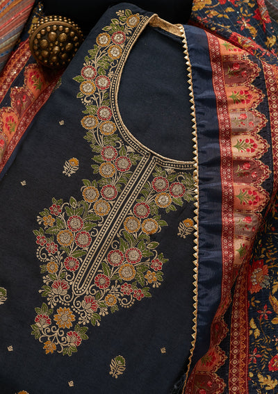Navy Blue Zariwork Semi Crepe Unstitched Salwar Suit-Koskii