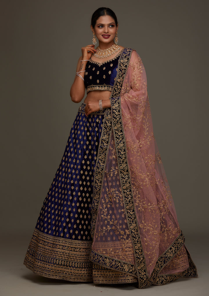Navy Blue Zariwork Velvet Designer Semi-Stitched Lehenga- Koskii