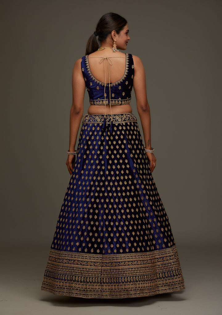 Navy Blue Zariwork Velvet Designer Semi-Stitched Lehenga - Koskii