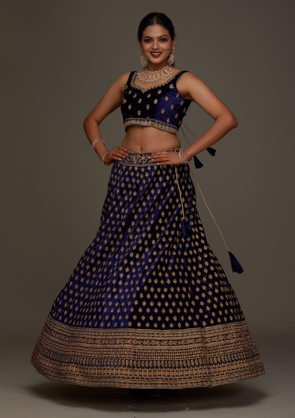 Navy Blue Zariwork Velvet Designer Semi-Stitched Lehenga - Koskii