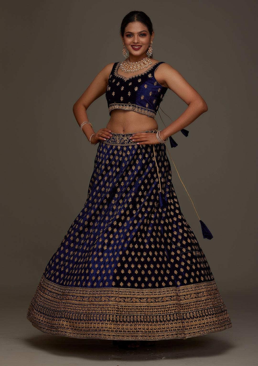Navy Blue Zariwork Velvet Designer Semi-Stitched Lehenga - Koskii