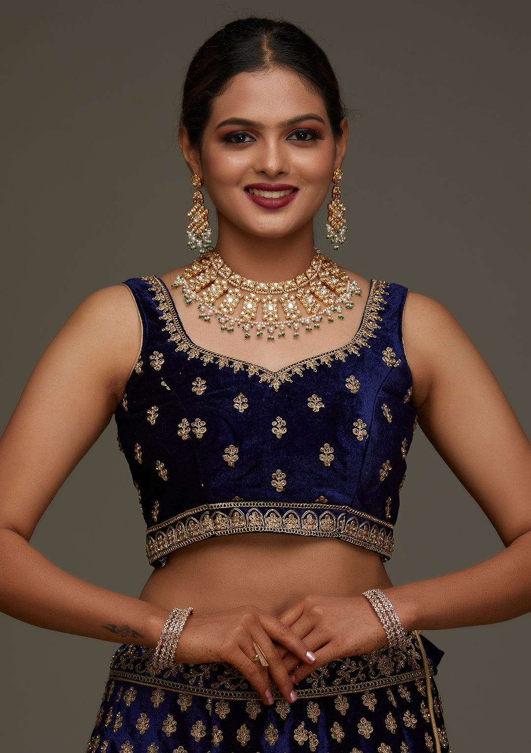 Navy Blue Zariwork Velvet Designer Semi-Stitched Lehenga - Koskii