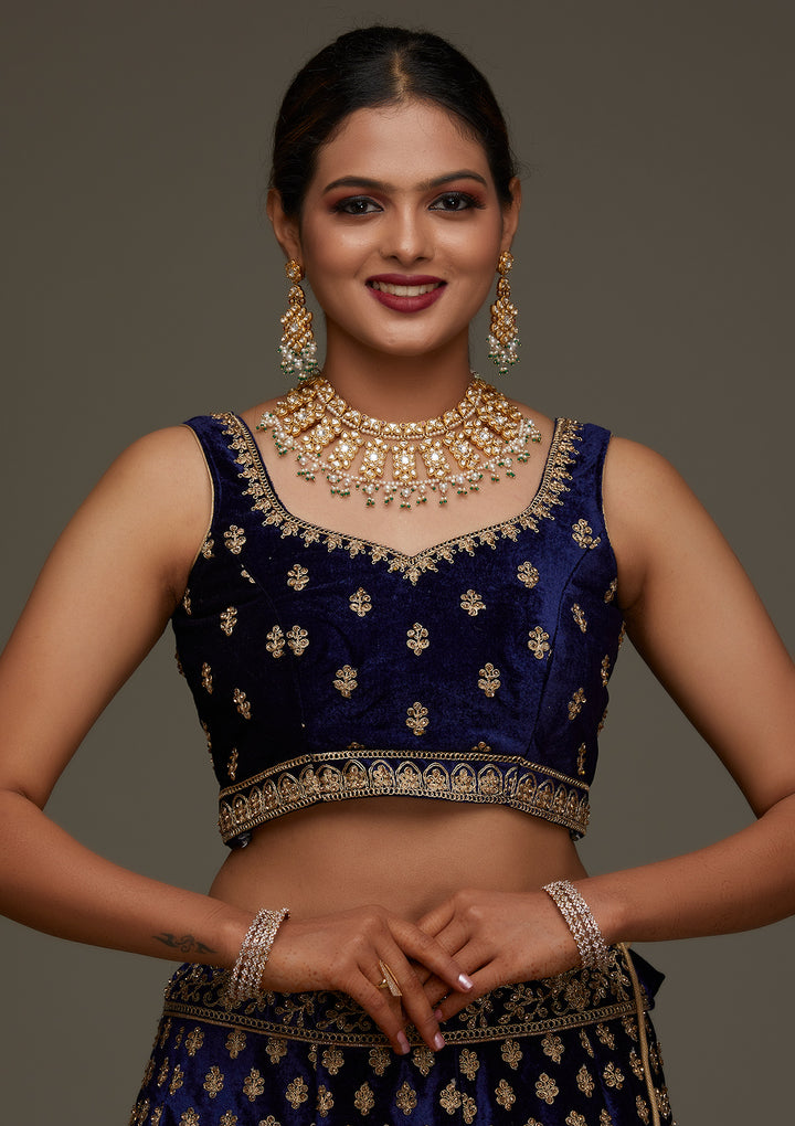 Navy Blue Zariwork Velvet Designer Semi-Stitched Lehenga - Koskii