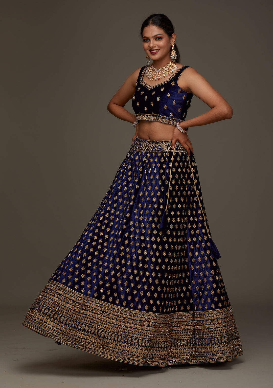 Navy Blue Zariwork Velvet Designer Semi-Stitched Lehenga - Koskii