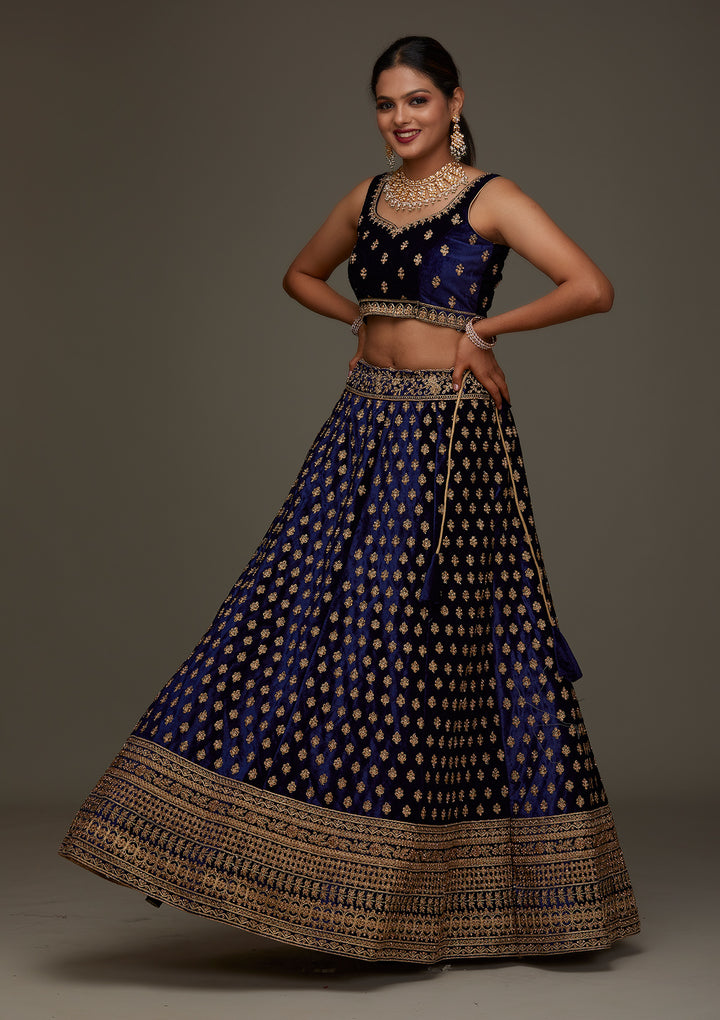Navy Blue Zariwork Velvet Designer Semi-Stitched Lehenga - Koskii