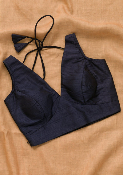 Navy Blue Solid Raw Silk Blouse-Koskii