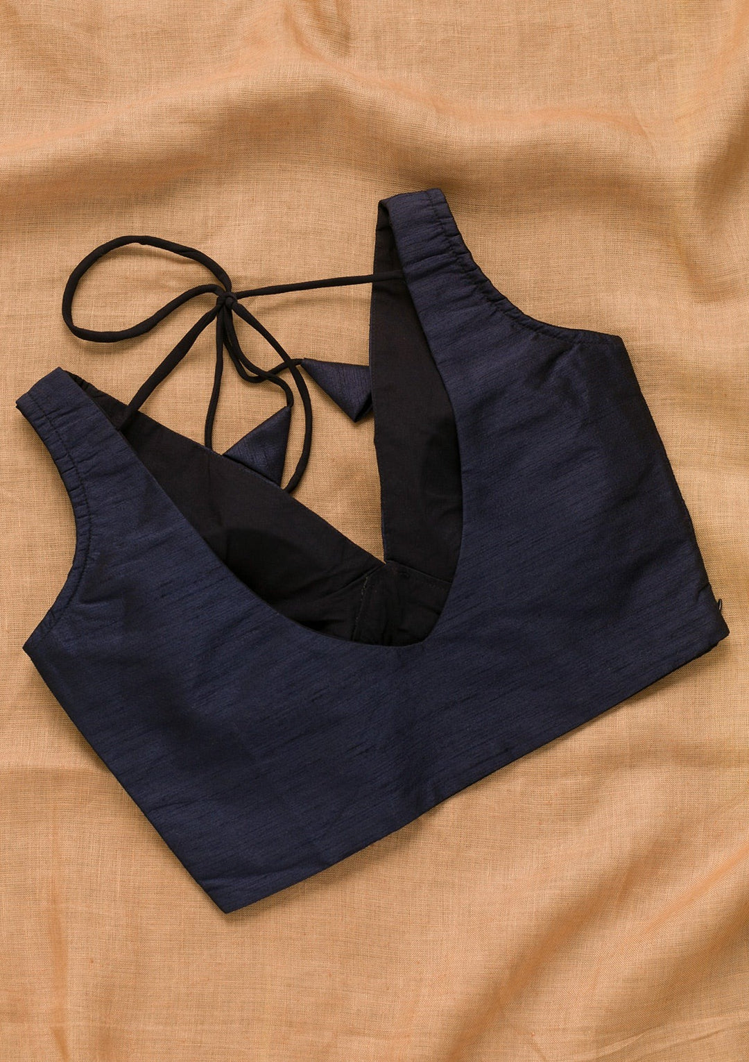 Navy Blue Solid Raw Silk Blouse-Koskii