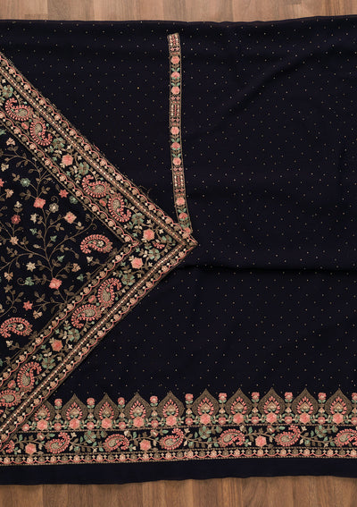 Navy Blue Threadwork Georgette Unstitched Salwar Suit-Koskii