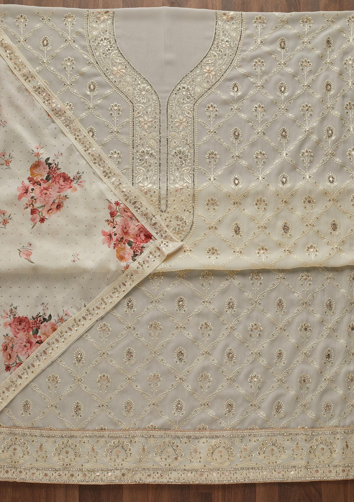 Off White Gotapatti Georgette Semi-Stitched Salwar Suit - Koskii