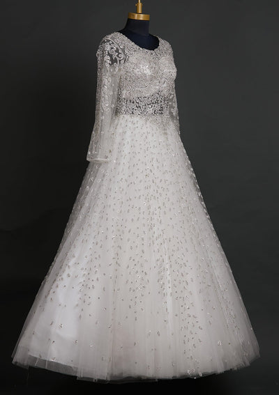Off White Sequins Net Designer Gown - koskii