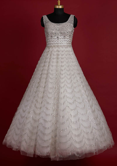 Off White Sequins Net Designer Gown - koskii