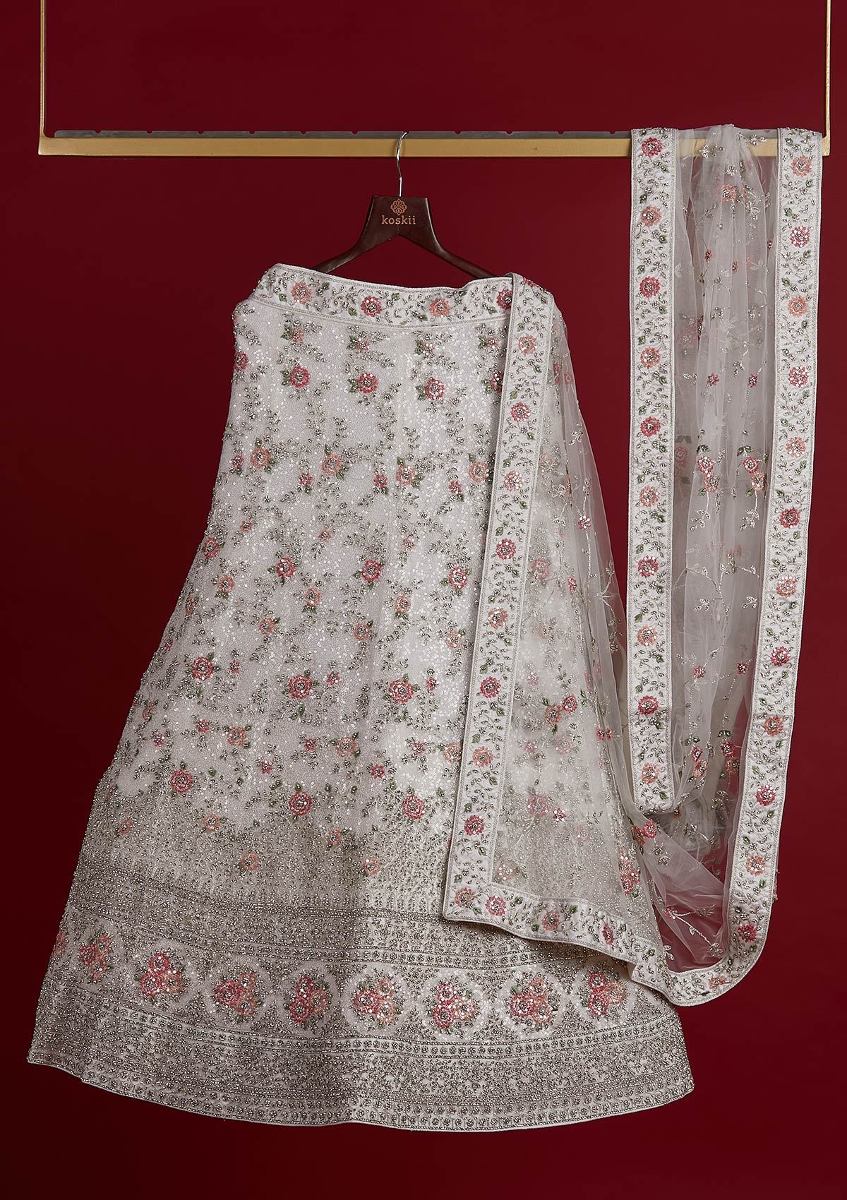 Off White Stonework Velvet Designer Semi-Stitched Lehenga - koskii