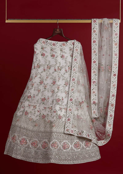 Off White Stonework Velvet Designer Semi-Stitched Lehenga - koskii