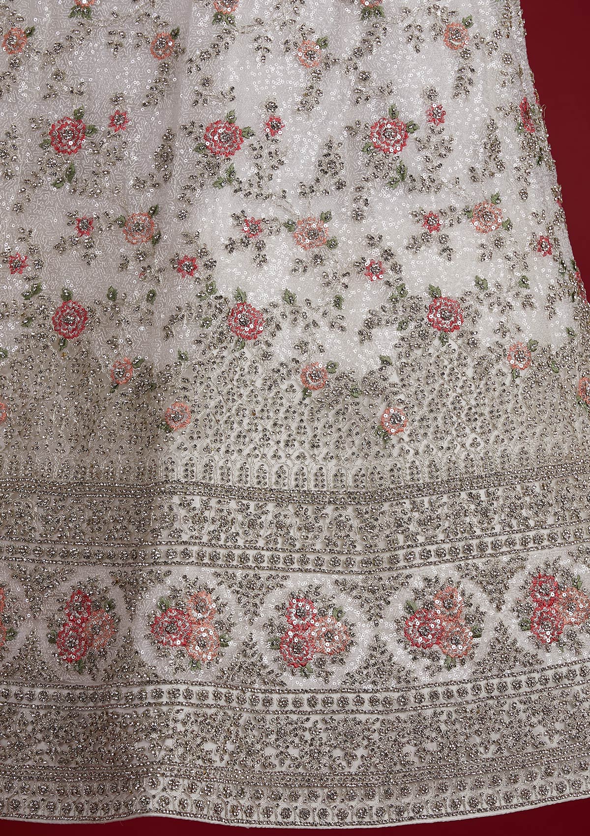 Off White Stonework Velvet Designer Semi-Stitched Lehenga - koskii