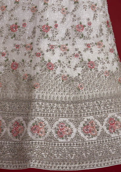Off White Stonework Velvet Designer Semi-Stitched Lehenga - koskii