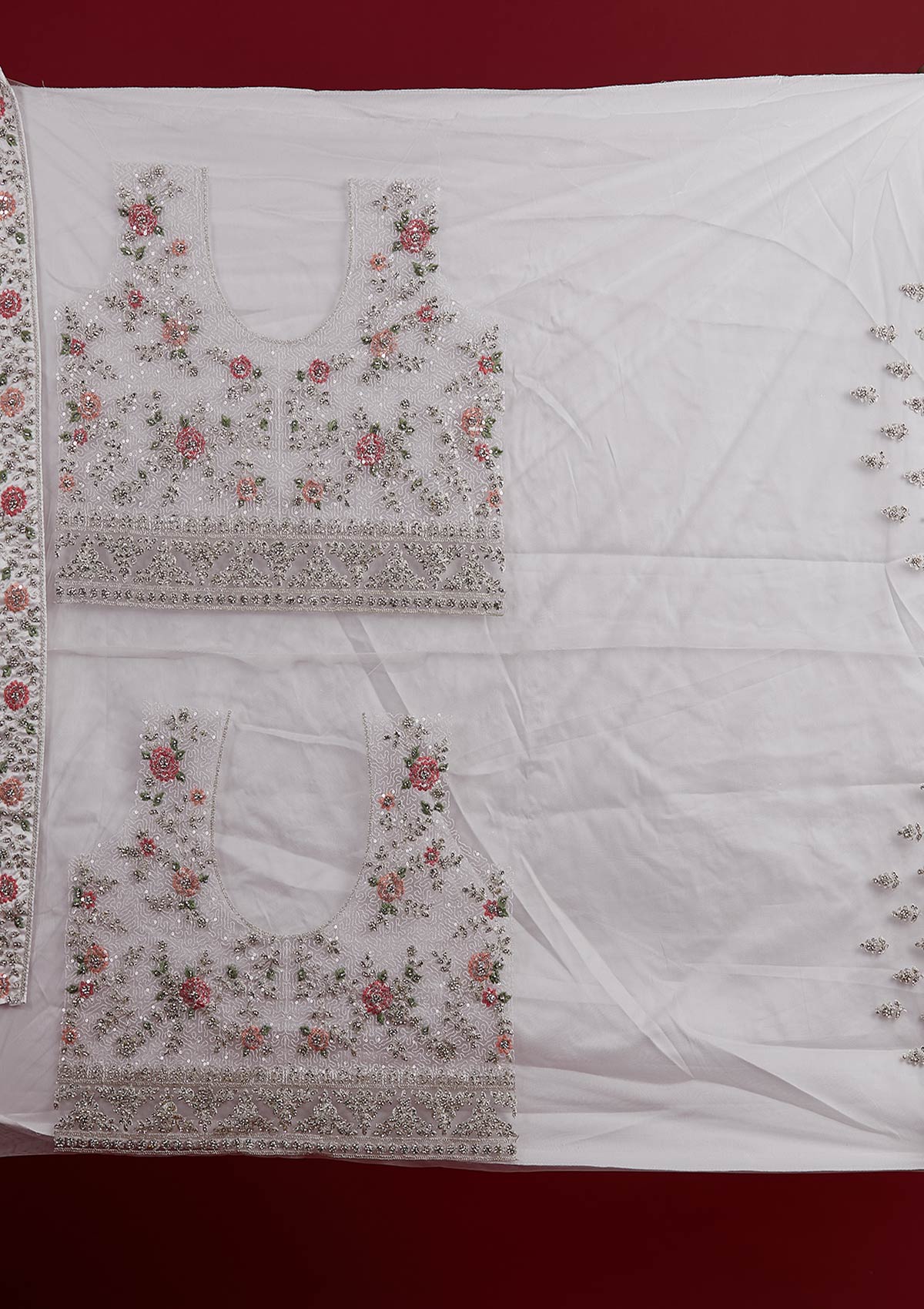 Off White Stonework Velvet Designer Semi-Stitched Lehenga - koskii