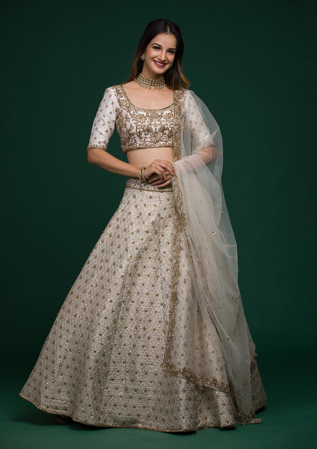 Off White Zardosi Raw Silk Lehenga-Koskii