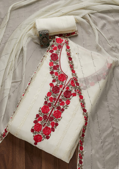 Off White Zariwork Georgette Semi-Stitched Salwar Suit- Koskii