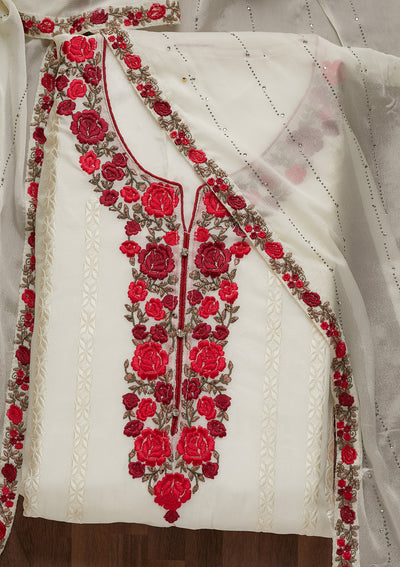 Off White Zariwork Georgette Semi-Stitched Salwar Suit - Koskii