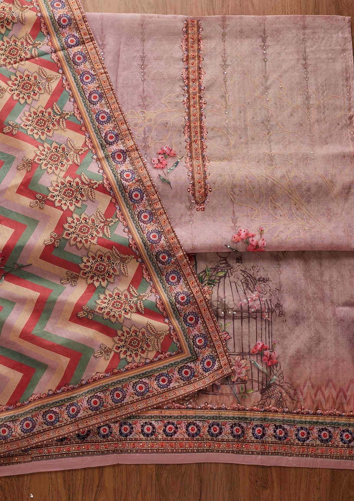 Onion Pink Cutdana Art Silk Designer Unstitched Salwar Suit - koskii