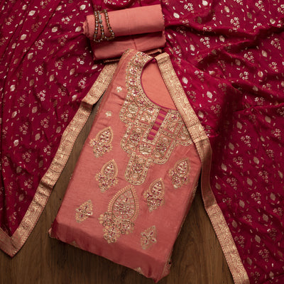 Onion Pink Cutdana Banarasi Designer Semi-Stitched Salwar Suit - koskii