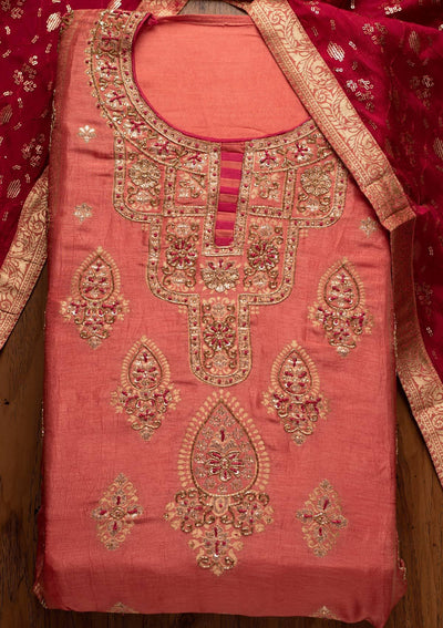 Onion Pink Cutdana Banarasi Designer Semi-Stitched Salwar Suit - koskii