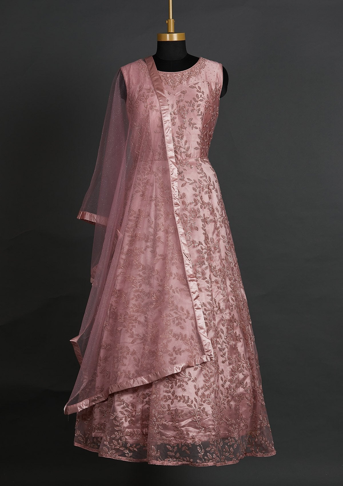 Onion Pink Glitter Net Designer Gown - Koskii