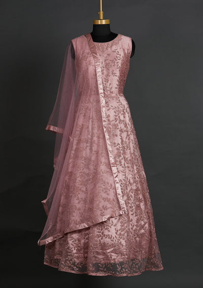 Onion Pink Glitter Net Designer Gown - Koskii