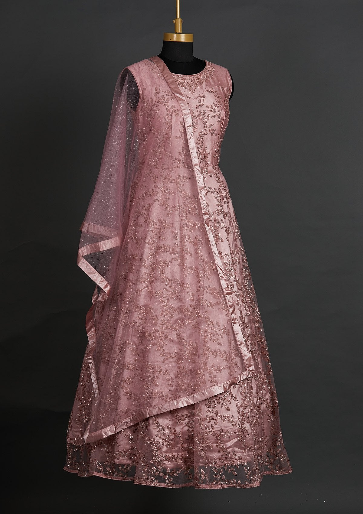 Onion Pink Glitter Net Designer Gown - Koskii