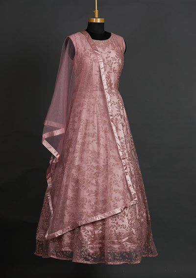 Onion Pink Glitter Net Designer Gown - Koskii