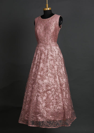 Onion Pink Glitter Net Designer Gown - Koskii