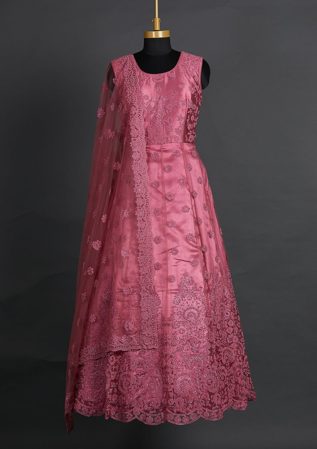Onion Pink Glitter Net Designer Gown - Koskii